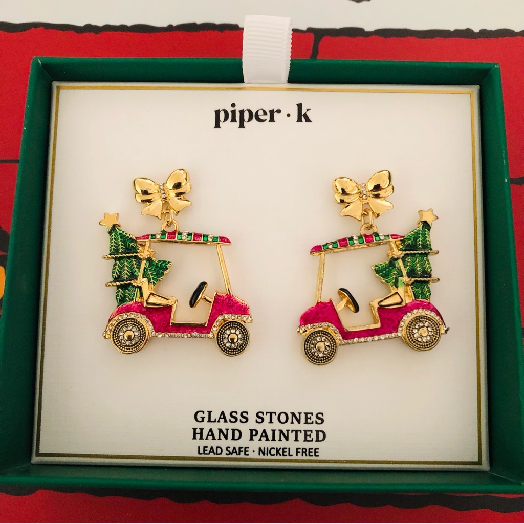 Piper-K Christmas Golf Cart Earrings Rhinestones Nickel Free Gold Tone Nib 37$